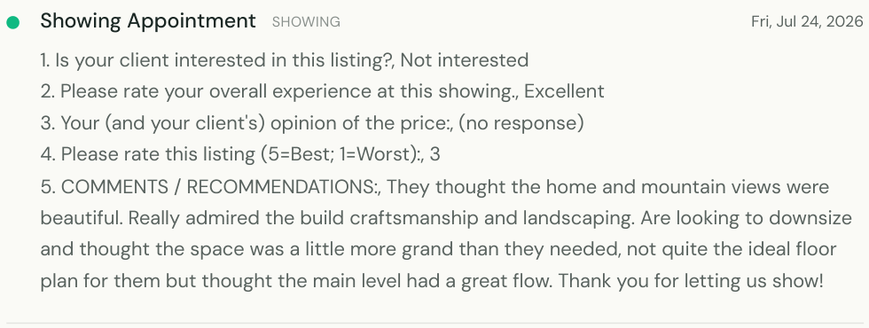 Showing feedback as it appears in a Damian Hall Group listing report