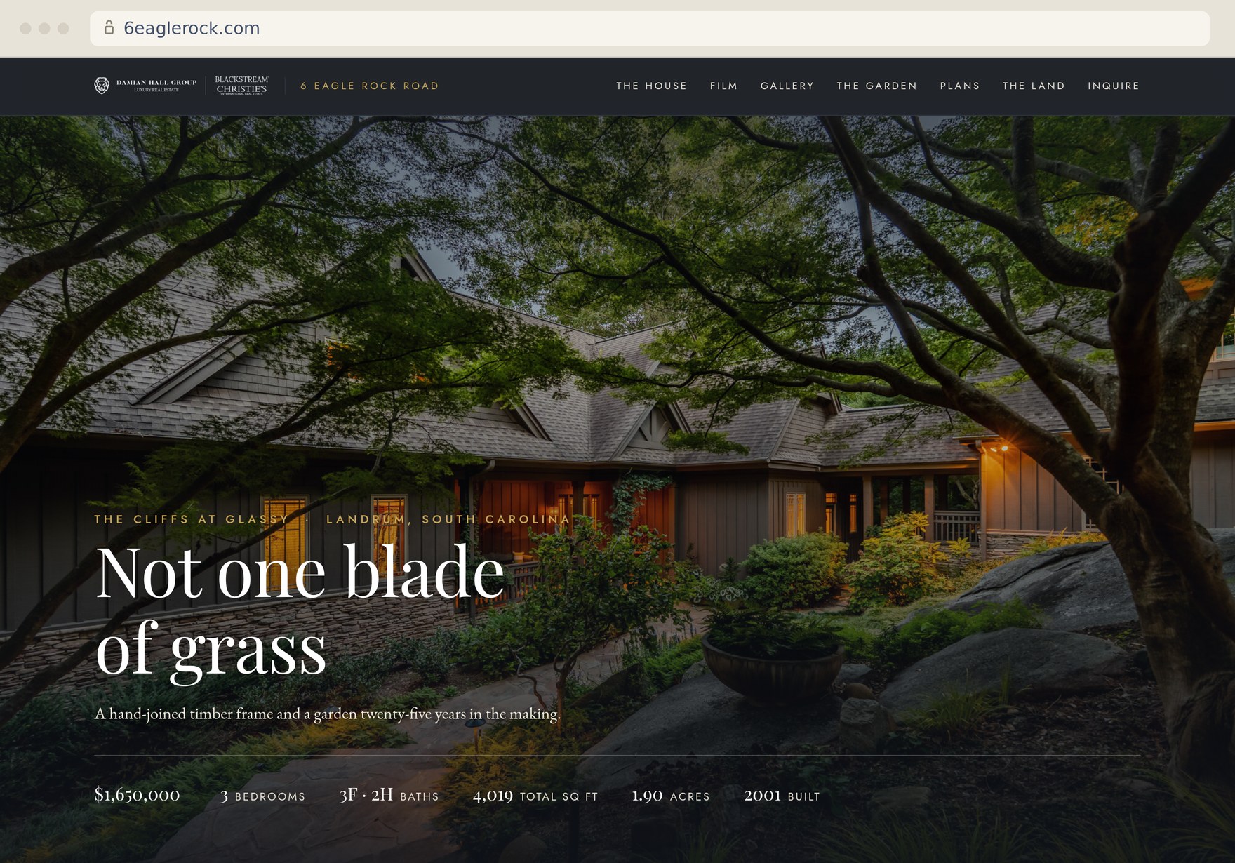 The property website for 6 Eagle Rock Road at The Cliffs at Glassy, on its own domain, with navigation for the film, the gallery, the floor plans, the land and the inquiry form